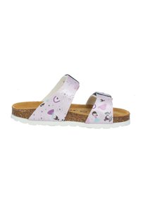 Lila och vita sandaler med två breda remmar, korkfotbädd och texturerad gummisula. Har lekfulla grafiska mönster.