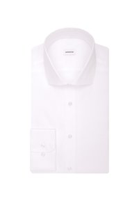 Camicia bianca con colletto a punta, chiusura frontale con bottoni e maniche lunghe. Il tessuto appare liscio con una leggera lucentezza. Dettaglio con polsini singoli.