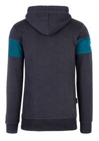 Hoodie in donkergrijs met een teal-streep op de mouwen. Gemaakt van zachte stof, met een kangoeroezak en geribde manchetten.