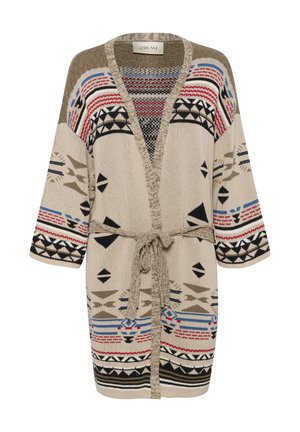 Knit cardigan in beige with geometric patterns in black, red, blue, and brown. Features a tie belt and open front, with 3/4 length sleeves.