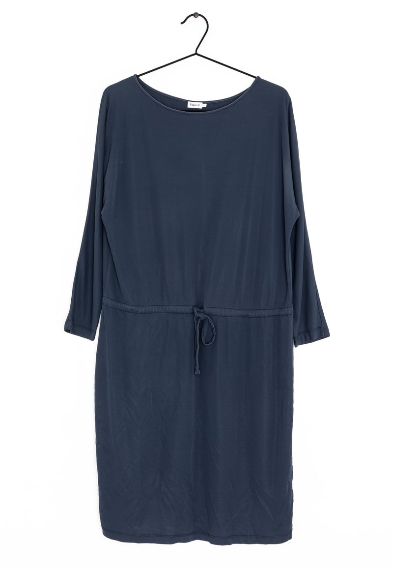 Námořnická modrá, dlouhá šaty s dlouhým rukávem vyrobené z měkké tkaniny, mají elastický pás s tkaničkou pro úpravu velikosti a volný střih.