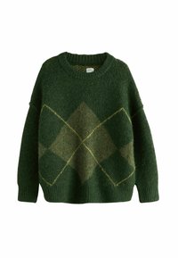 Grüner Strickpullover mit einem Argyle-Muster in dunkleren und helleren Grüntönen sowie Braun, mit Rundhalsausschnitt und gerippten Bündchen.