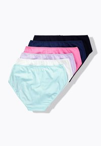 Confezione di sei mutande da donna in vari colori: blu navy, rosa, rosa chiaro, lavanda, bianco e azzurro chiaro. Tessuto morbido e elasticizzato, design a copertura totale.