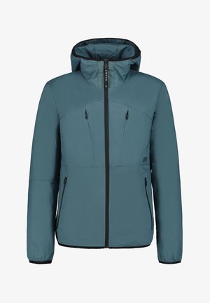 Teal insulated jacket with a hood, zip closure, and elastic cuffs. Features two zippered side pockets and a sleek, smooth texture.