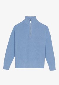 Hellblauer gerippter Pullover mit hohem Kragen und halbem Reißverschluss, ausgestattet mit lockeren Ärmeln und einer kastigen Silhouette.
