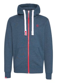 Felpa blu con zip, con cerniera rossa, coulisse bianca, tasche frontali e piccolo logo rosso sul petto e sul polsino.