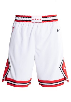 Weiße Basketballshorts mit roten und schwarzen Akzenten, aus Netzmaterial, mit elastischem Bund und großen roten Grafiken an den Seiten.