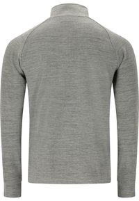 Pitkähiha pullover vaaleanharmaana, jossa on teksturoitu, melange-materiaali, seisova kaulus ja raglan-hihat rentoa istuvuutta varten.