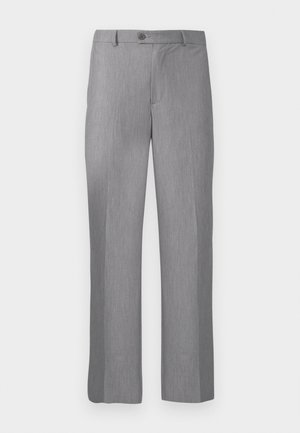 Pantaloni da uomo grigi su misura con passanti per cintura, bottone frontale e chiusura lampo, caratterizzati da un taglio dritto.
