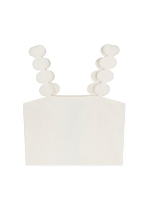 Top bianco senza maniche con spalline a volant arrotondati. Forma minimalista e squadrata con una consistenza liscia. Design pulito senza ulteriori motivi o decorazioni.
