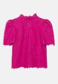 Top fucsia con maniche corte a sbuffo, motivo floreale ad occhio, scollatura arricciata e orlo scallop. Realizzato in tessuto leggero.