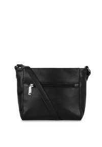 Borsa a tracolla nera in pelle con superficie texture, tracolla regolabile e tasca frontale con zip per un deposito sicuro.