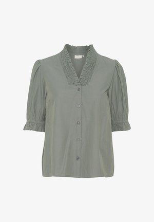 Short-sleeve button-up blouse in olive green, featuring a smocked collar and puffed sleeves with elastic cuffs. Smooth fabric texture.