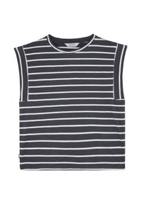 Bez rękawów top w ciemnoszarym kolorze z bawełny z poziomymi białymi paskami. Posiada okrągły dekolt i luźny krój. Minimalistyczny design bez ozdób.