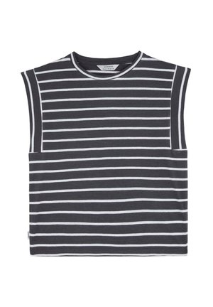 Top senza maniche in cotone grigio scuro con righe bianche orizzontali. Caratterizzato da un colletto rotondo e una vestibilità rilassata. Design minimalista senza decorazioni.