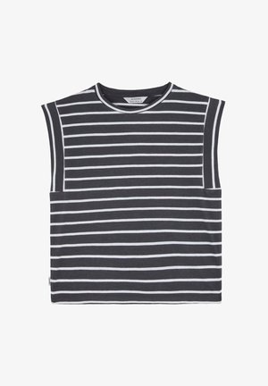 Top senza maniche in cotone grigio scuro con righe bianche orizzontali. Caratterizzato da un colletto rotondo e una vestibilità rilassata. Design minimalista senza decorazioni.