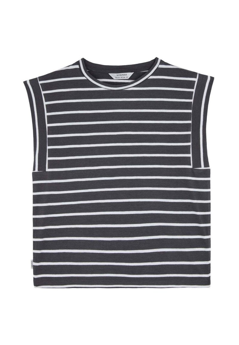Bez rękawów top w ciemnoszarym kolorze z bawełny z poziomymi białymi paskami. Posiada okrągły dekolt i luźny krój. Minimalistyczny design bez ozdób.