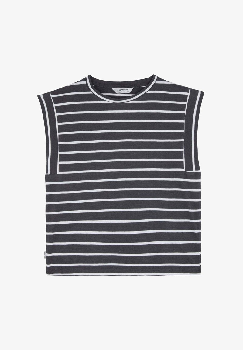 Top senza maniche in cotone grigio scuro con righe bianche orizzontali. Caratterizzato da un colletto rotondo e una vestibilità rilassata. Design minimalista senza decorazioni.