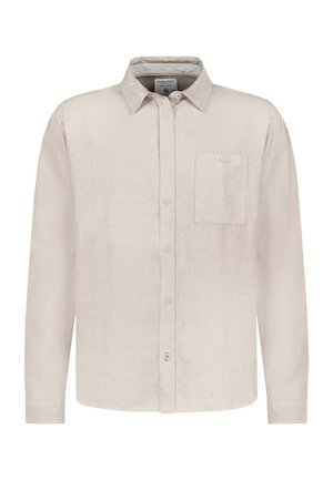 Beige overhemd met lange mouwen, knoopsluiting aan de voorkant, borstzak, klassieke kraag en knoopmanchetten, weergegeven op een witte achtergrond.