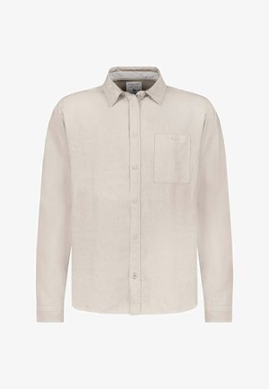 Beige Langarm-Hemd mit Knopfleiste vorne, klassischem Kragen und geknöpften Manschetten, auf weißem Hintergrund dargestellt.