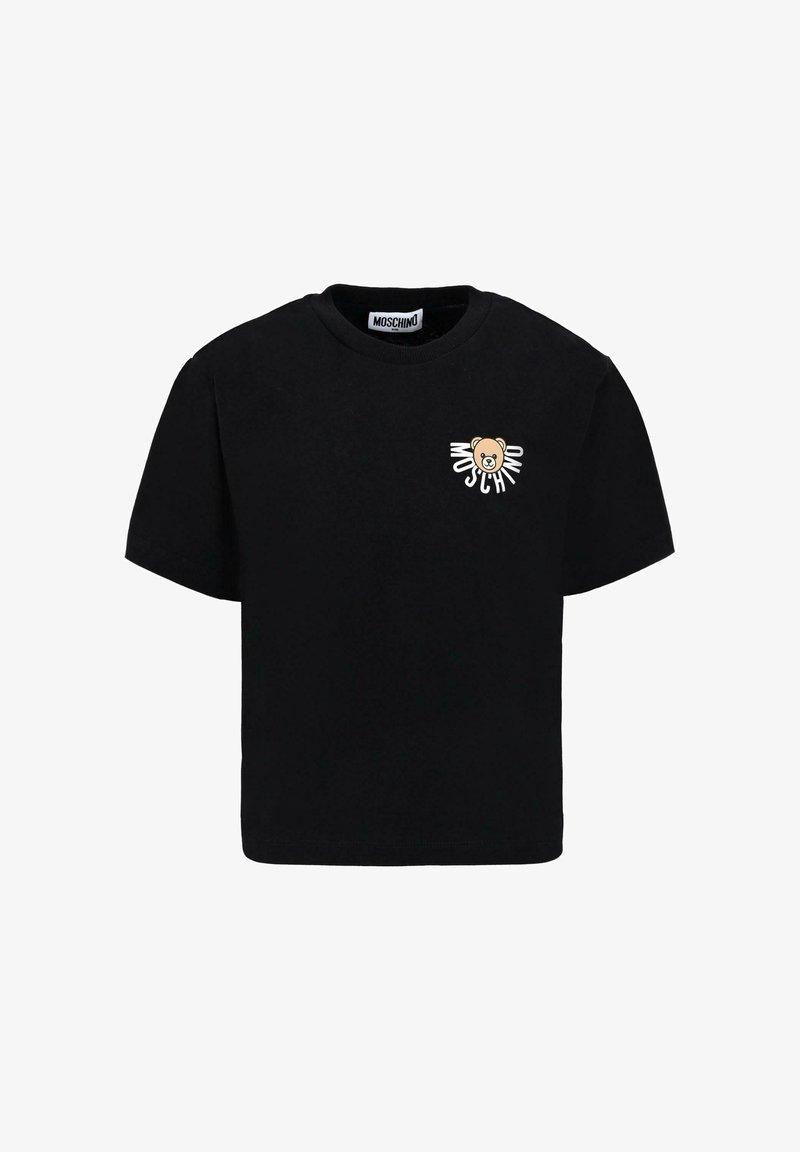 T-shirt en coton noir à manches courtes, mettant en avant un graphisme d'ours et le texte "MOSCHINO" en blanc sur la zone gauche de la poitrine. Design classique à col rond.