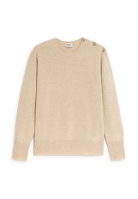 Beige Strickpullover mit rundem Hals und langen Ärmeln. Er hat gerippte Bündchen und einen gerippten Saum sowie drei dekorative Knöpfe auf der linken Schulter.