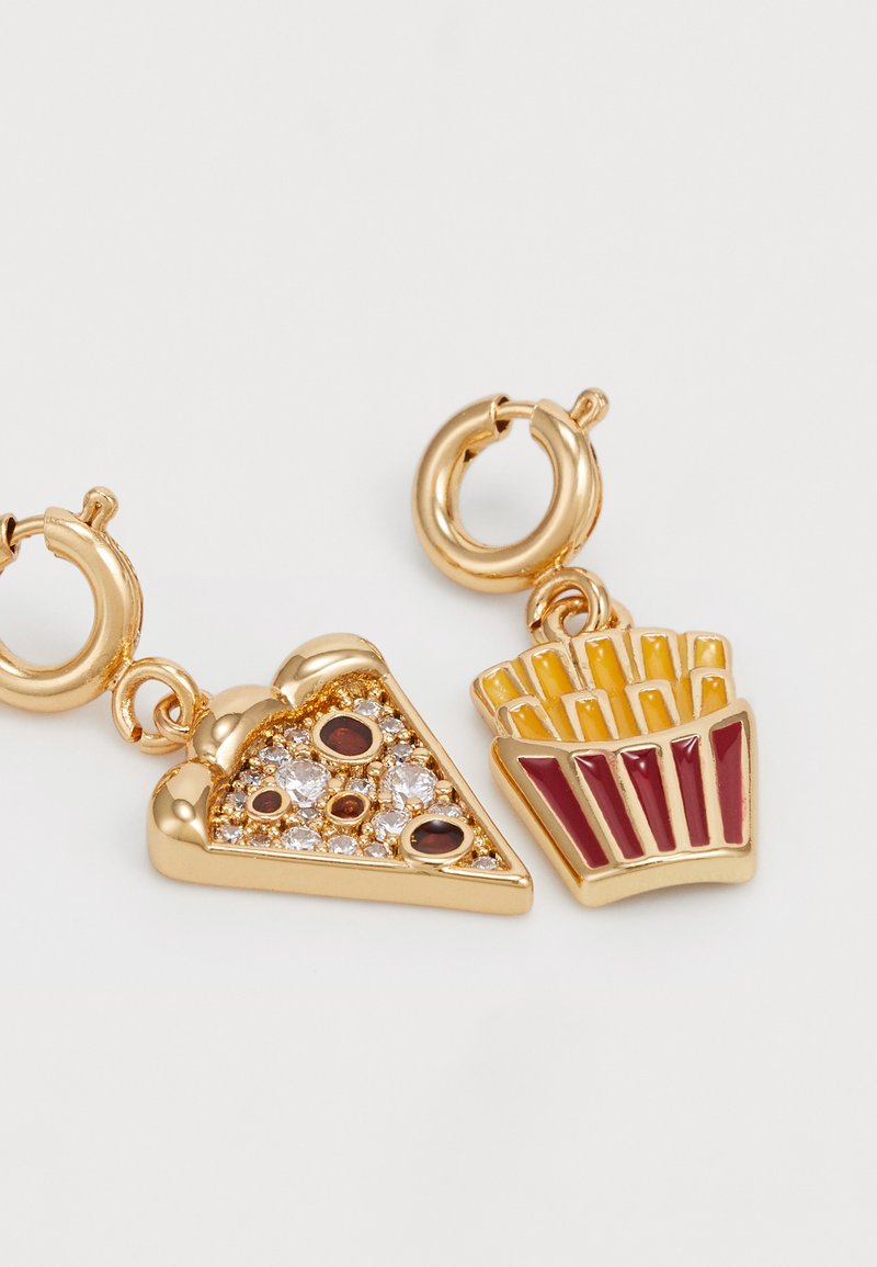 Gold-tone charm earrings featuring a pizza slice and French fries. Pizza has rhinestone accents; fries are colored yellow and red.