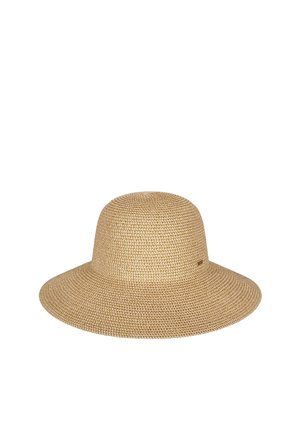 Chapeau en paille tressée à large bord, brun clair, avec une couronne arrondie, adapté pour la protection solaire et une utilisation en extérieur.