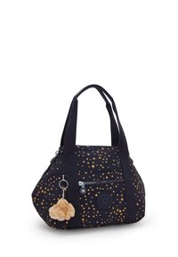 Bolsa de tela azul marino con patrón de estrellas doradas, forma redondeada, dos asas, bolsillo frontal con cremallera y un charm de oso de peluche adjunto a la cremallera.