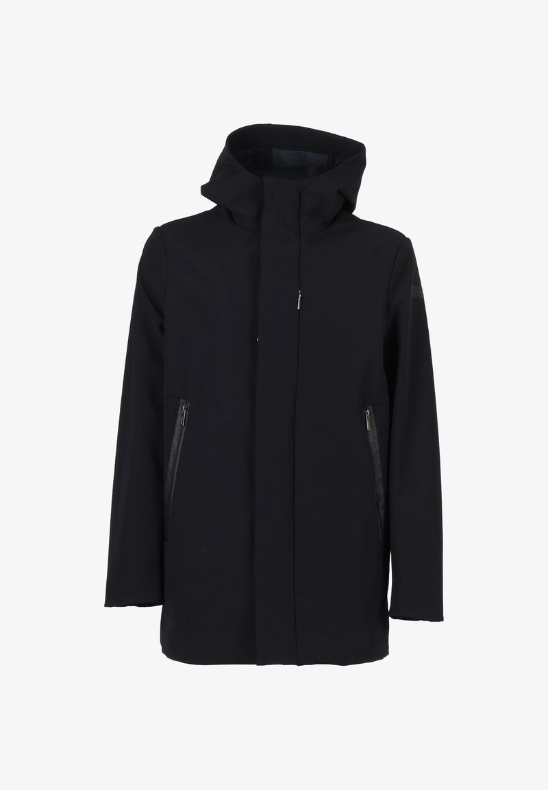 Chaqueta negra con capucha que presenta un diseño elegante, tela suave, forma alargada y bolsillos laterales con cremallera y detalles discretos.