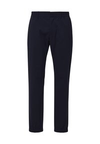 Marineblauwe broek van een lichte stof, met een elastische tailleband en gathers aan de mouwen voor een ontspannen pasvorm. Eenvoudig, zonder zichtbare patronen.