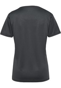 Mörkgrå t-shirt med korta ärmar, gjord av slät tyg med rund halsringning och utan prydnader eller mönster. Ren, enkel design.