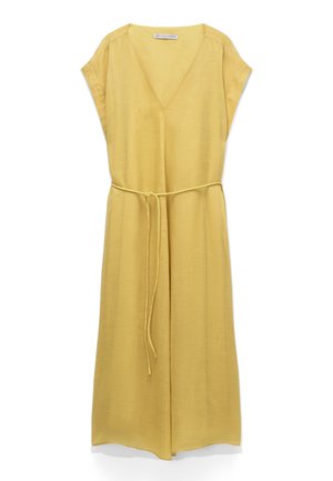 Yellow loose-fit midi dress with short sleeves, V-neckline, and thin waist tie belt.