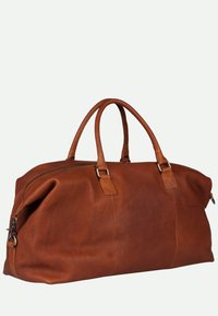 Bruine leren duffelbag met een gestructureerde afwerking, dubbele handgrepen en een ritssluiting. Heeft subtiele stiksels en metalen hardware-accenten.