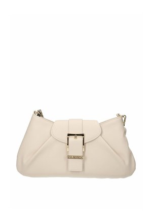 Clutch Valentino in pelle color crema con patta frontale, fibbia color oro e tracolla regolabile.