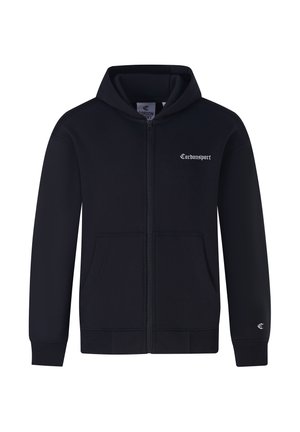Black zip-up hooded sweatshirt made of soft fabric. Features front pockets, ribbed cuffs, and "Cordon Sport" logo in white on the chest.