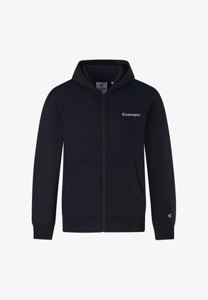 Black zip-up hooded sweatshirt made of soft fabric. Features front pockets, ribbed cuffs, and "Cordon Sport" logo in white on the chest.