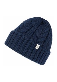 Navy blue knitted beanie featuring cable knit pattern, ribbed cuff, and a small logo patch. Made of soft, textured wool blend fabric.