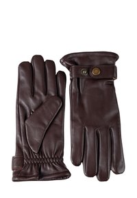 Brown leather gloves with a smooth texture, featuring a gathered wrist, buttoned strap, and five-finger design.