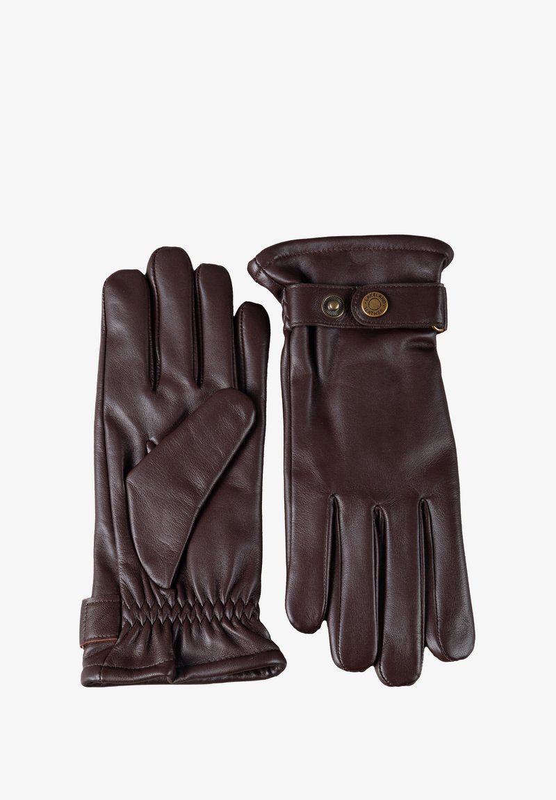 Brown leather gloves with a smooth texture, featuring a gathered wrist, buttoned strap, and five-finger design.