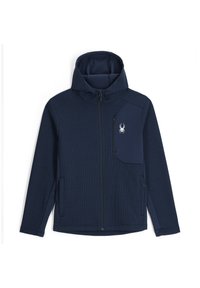 Marineblauwe zip-up jas met een getextureerd ribdesign, capuchon en een ritsborstas met een witte spinnenlogo aan de linkerkant.
