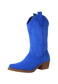 Bota de cowboy de ante azul con punta afilada y tacón bloque medio. Presenta un bordado intrincado a lo largo del caña y lengüetas para facilitar su puesta.