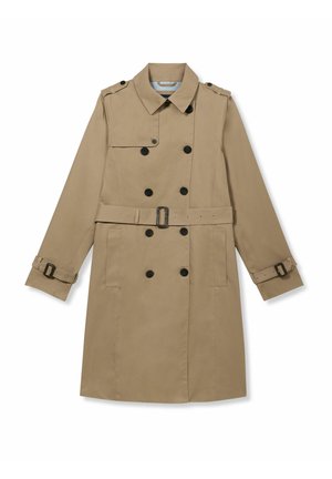 Beige dubbelgeknoopte trenchcoat met kraag, schouderepauletten, bijpassende riem, zwarte knopen, verstelbare polsbandjes met gesp en voorzakken.