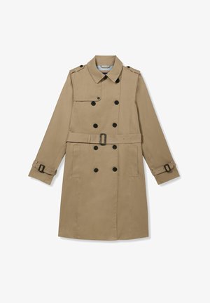 Beiger doppelseitiger Trenchcoat mit Kragen, Schulterklappen, passendem Gürtel, schwarzen Knöpfen, geschnürten Ärmelriemen und vorderen Taschen.