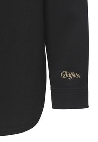 Black long-sleeve shirt with a rounded hem. Features golden embroidered "Buffalo" logo on the left sleeve. Fabric appears smooth and lightweight.