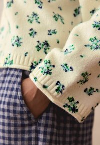 Kreemi kootud sviiter siniste ja roheliste lillemustritega ning soonikkoes varrukatega, mida on kombineeritud sinise ja valge ruudulise särgiga.