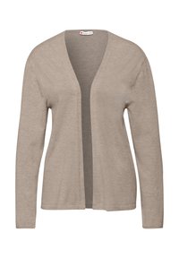 Beige dlouhý rukáv cardigan, otevřený vpředu, vyrobený z jemného materiálu. Má hladký povrch a minimalistický design bez zapínání.