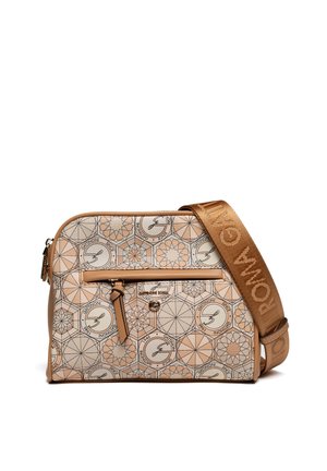 Borsa a tracolla color cuoio con motivi geometrici e circolari del logo, tasca frontale con zip e tracolla larga con scritta in rilievo "ROMA GATTINONI".