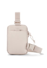 Világos bézs színű, texturált anyagból készült crossbody táska, elülső zsebbel, állítható pánttal és felső fogantyúval az egyszerű hordozáshoz.