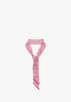 Pañuelo de seda en rosa con patrones circulares, con una franja lisa rosa en la parte inferior, textura ligera y suave.